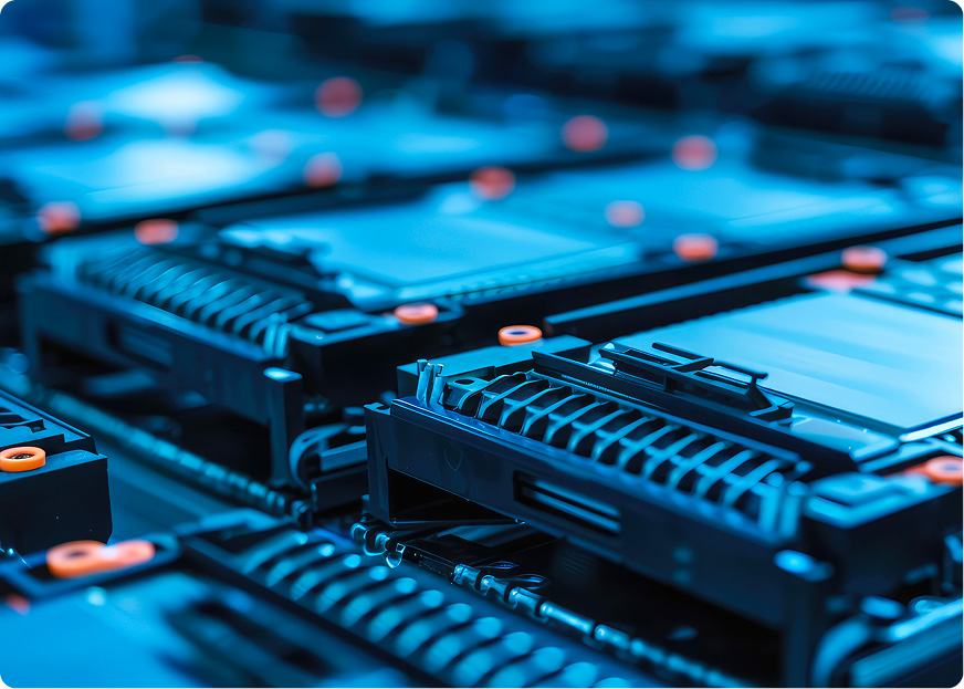 Close-up of lithium-ion battery modules arranged in a logistics facility, illustrating large-scale battery handling and energy supply chains.